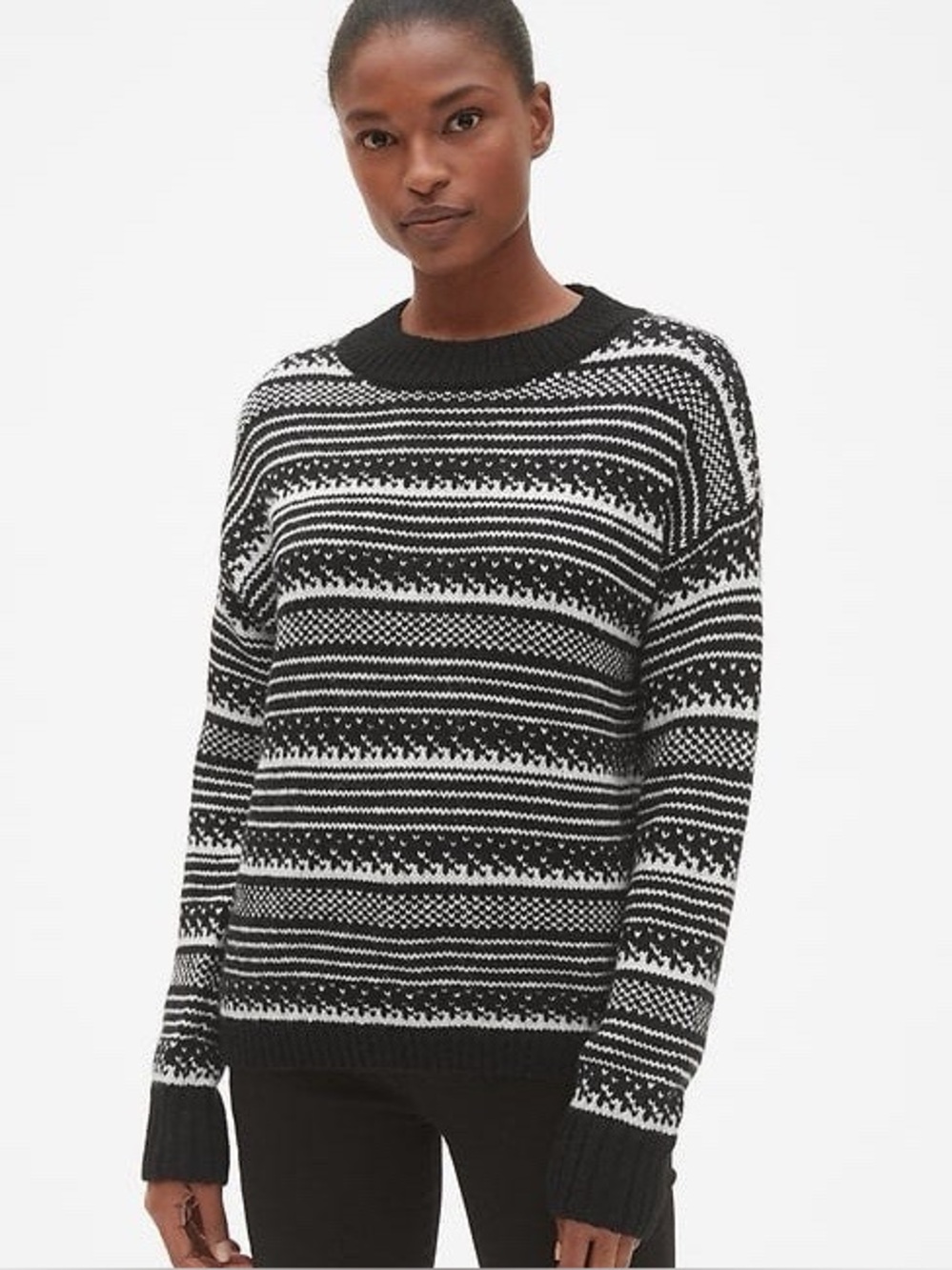 GAP Woman Black Fair Isle Fisherman Crewneck Knit Cozy Sweater MEDIUM Classic